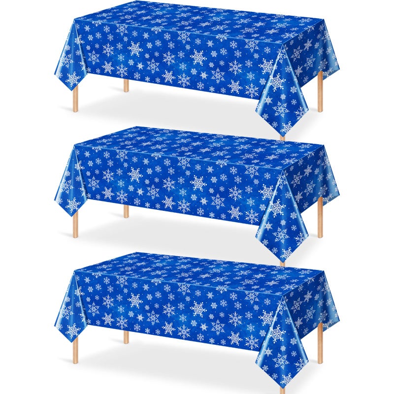 Jectivs 3 Pieces Christmas Snowflake Plastic Party Tablecloth Decorations White Snowflake Blue Xmas Backdrop Sign Table Cover Banner for Winter Christmas Holiday Party Supplies 54x108 inch (Blue) - Image 1